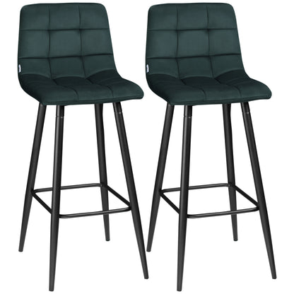 Set of 2 Bar Stools, Bistro Stools with Footrest, Bar Chairs, Velvet Upholstery, Kitchen Stool, Counter Stool Set with Steel Legs for Living Room, Dining Room, Green, 42 x 47 x 105 cm