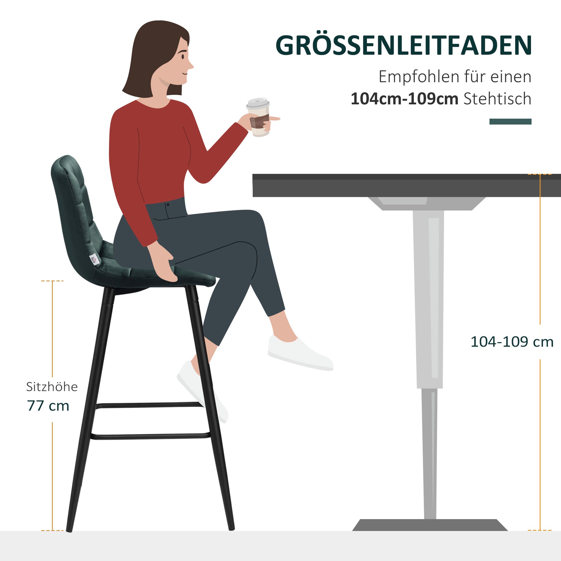 Set of 2 Bar Stools, Bistro Stools with Footrest, Bar Chairs, Velvet Upholstery, Kitchen Stool, Counter Stool Set with Steel Legs for Living Room, Dining Room, Green, 42 x 47 x 105 cm