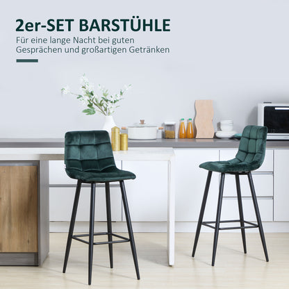 Set of 2 Bar Stools, Bistro Stools with Footrest, Bar Chairs, Velvet Upholstery, Kitchen Stool, Counter Stool Set with Steel Legs for Living Room, Dining Room, Green, 42 x 47 x 105 cm