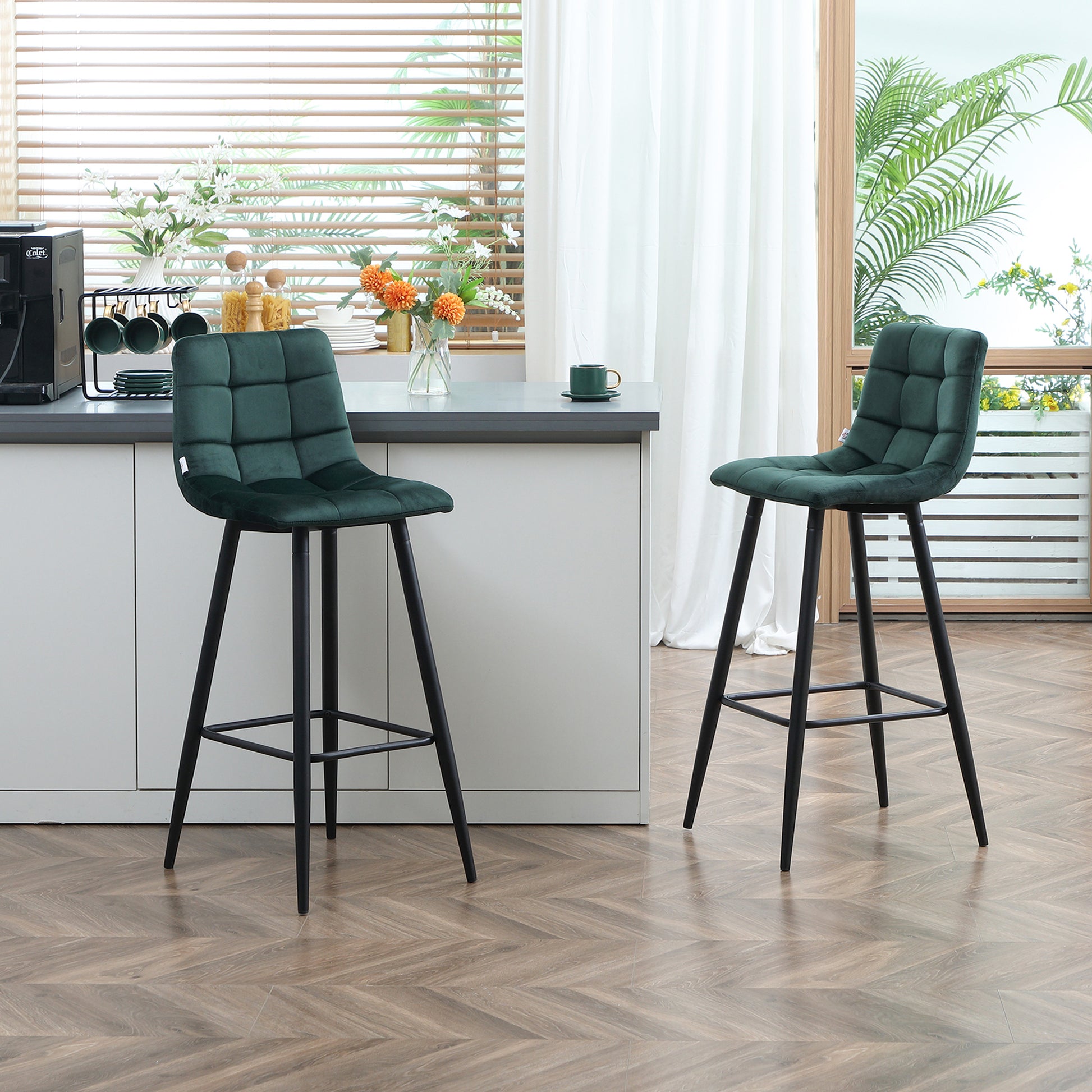 Set of 2 Bar Stools, Bistro Stools with Footrest, Bar Chairs, Velvet Upholstery, Kitchen Stool, Counter Stool Set with Steel Legs for Living Room, Dining Room, Green, 42 x 47 x 105 cm