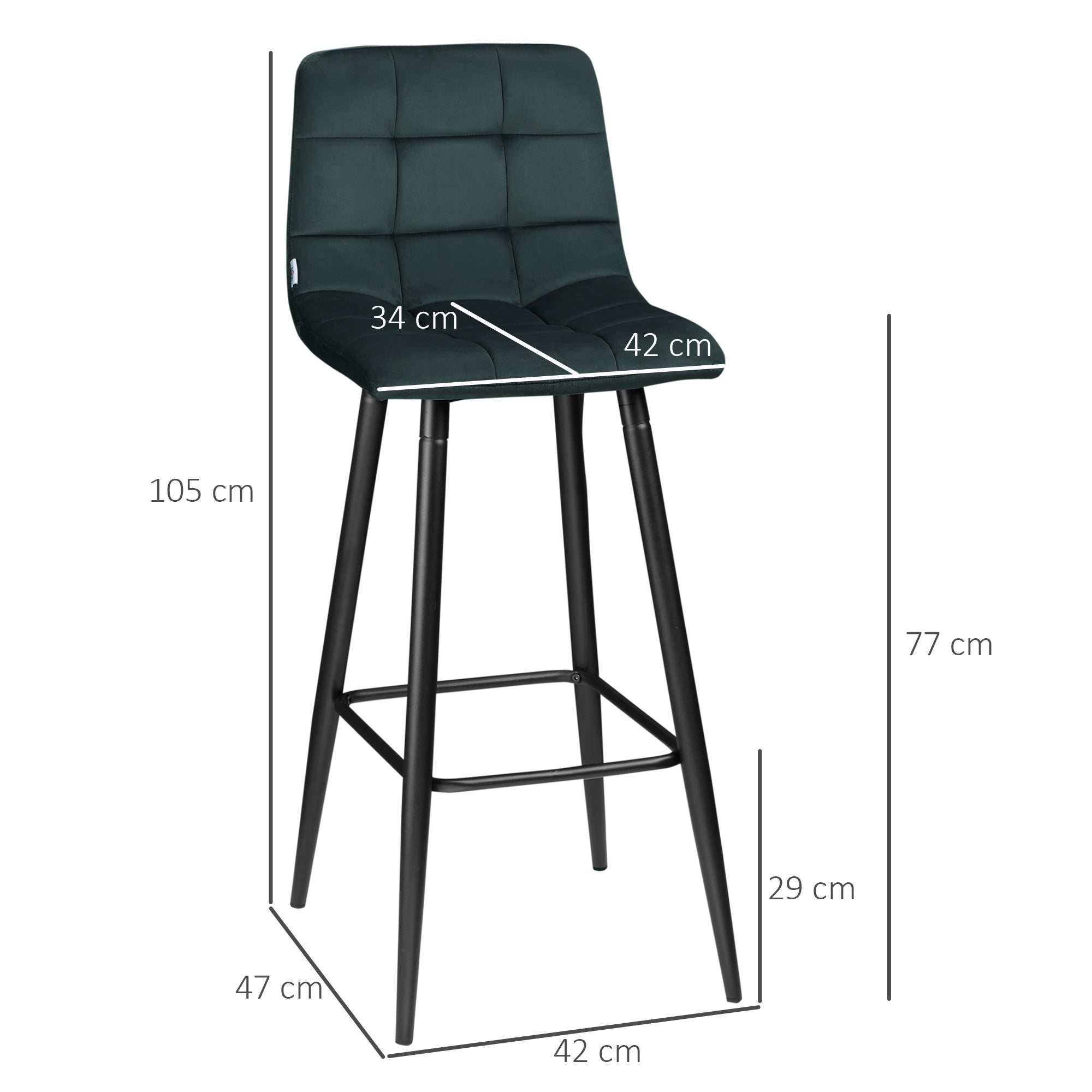 Set of 2 Bar Stools, Bistro Stools with Footrest, Bar Chairs, Velvet Upholstery, Kitchen Stool, Counter Stool Set with Steel Legs for Living Room, Dining Room, Green, 42 x 47 x 105 cm