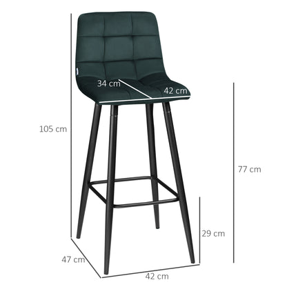 Set of 2 Bar Stools, Bistro Stools with Footrest, Bar Chairs, Velvet Upholstery, Kitchen Stool, Counter Stool Set with Steel Legs for Living Room, Dining Room, Green, 42 x 47 x 105 cm