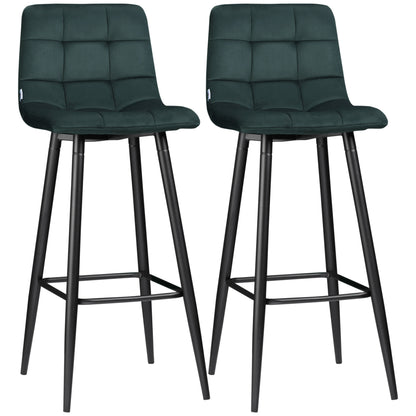 Set of 2 Bar Stools, Bistro Stools with Footrest, Bar Chairs, Velvet Upholstery, Kitchen Stool, Counter Stool Set with Steel Legs for Living Room, Dining Room, Green, 42 x 47 x 105 cm
