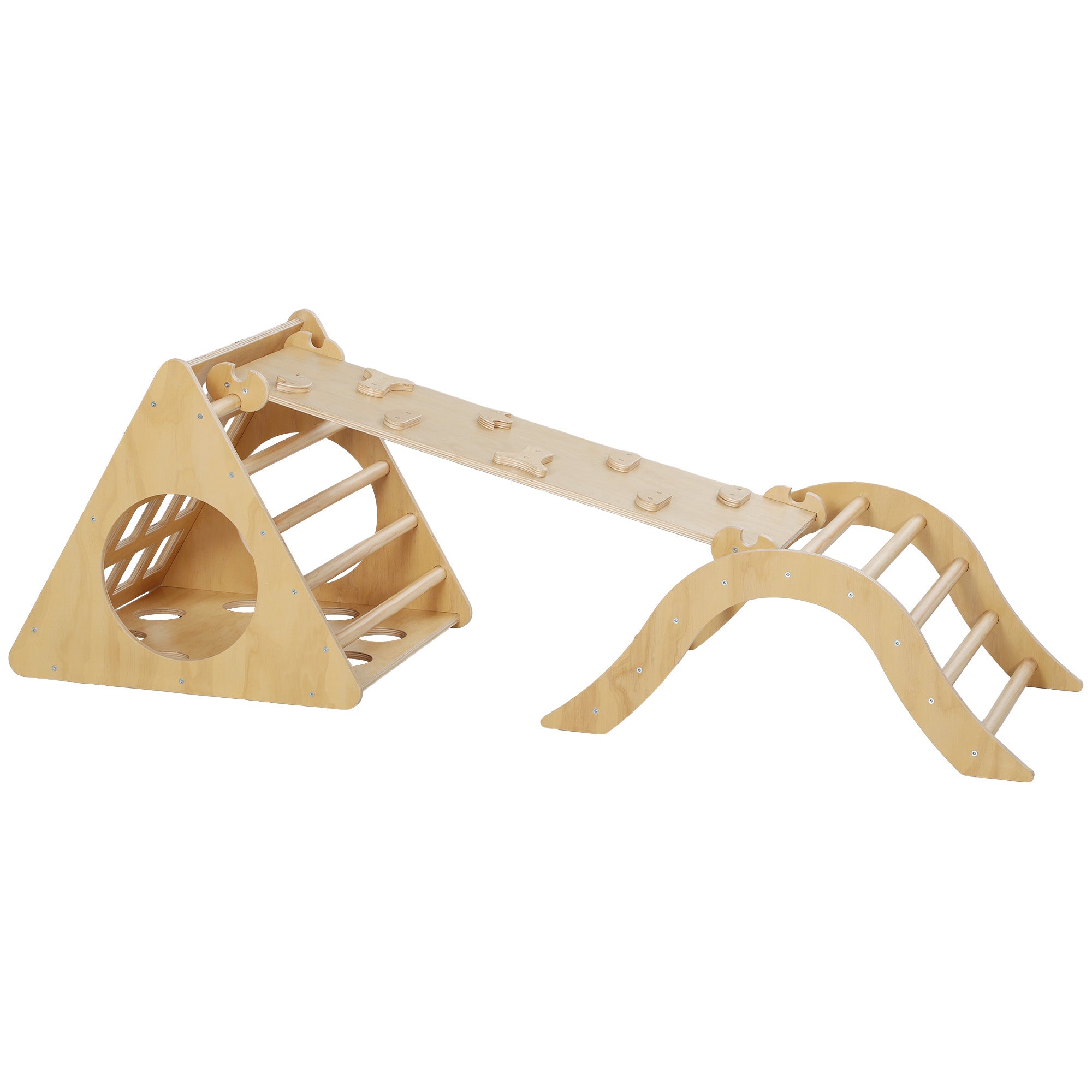 8-in-1 Natural Wood Climbing Triangle for Kids aged 18-48 Months with Climbing Arch Staircase and Sandbag 175x59.5 cm
