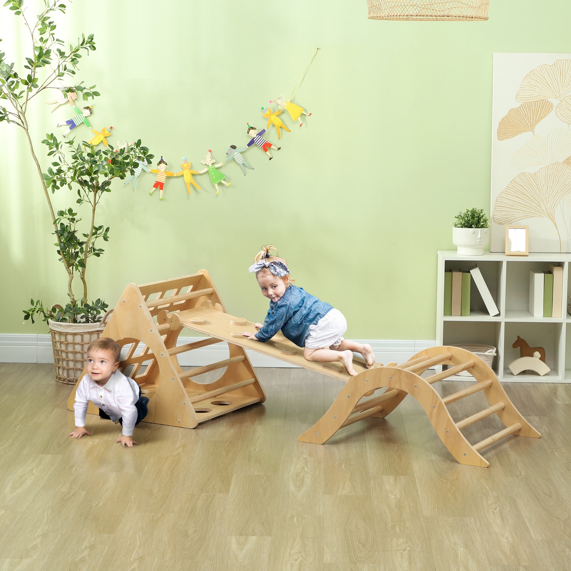8-in-1 Natural Wood Climbing Triangle for Kids aged 18-48 Months with Climbing Arch Staircase and Sandbag 175x59.5 cm
