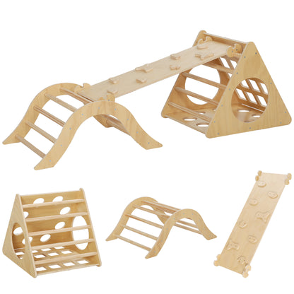8-in-1 Natural Wood Climbing Triangle for Kids aged 18-48 Months with Climbing Arch Staircase and Sandbag 175x59.5 cm