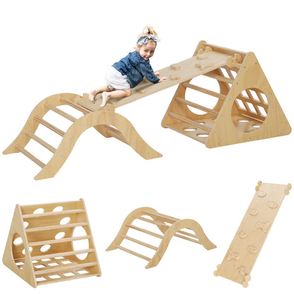 8-in-1 Natural Wood Climbing Triangle for Kids aged 18-48 Months with Climbing Arch Staircase and Sandbag 175x59.5 cm