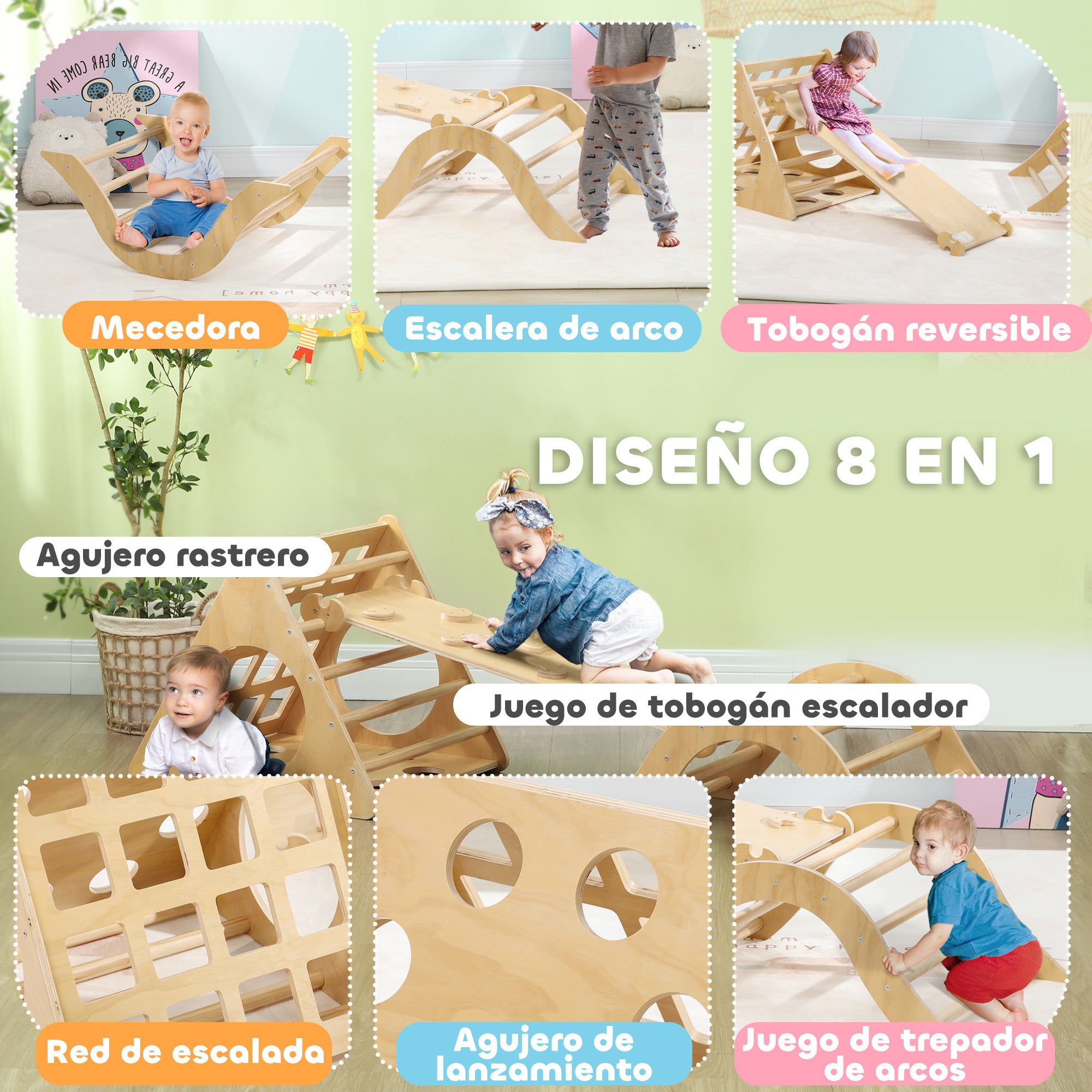 8-in-1 Natural Wood Climbing Triangle for Kids aged 18-48 Months with Climbing Arch Staircase and Sandbag 175x59.5 cm