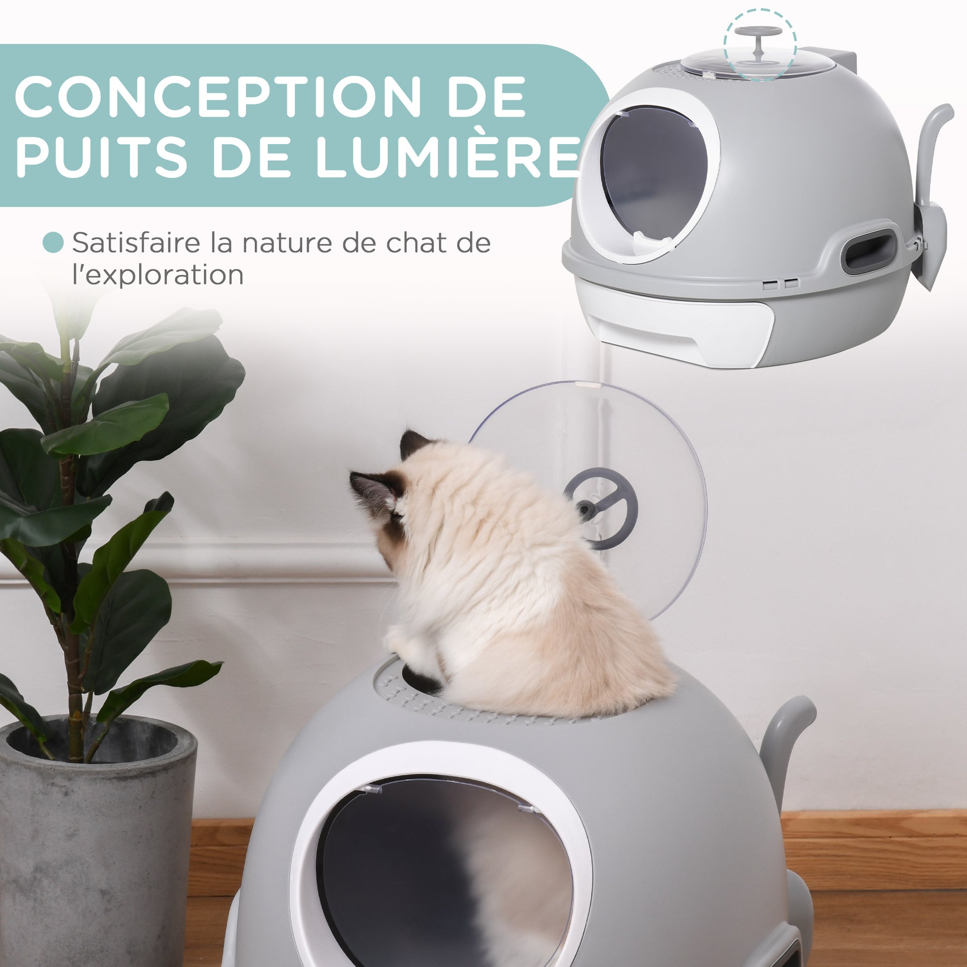 Cat Litter Box Portable Toilet House with Sliding Litter Drawer Swinging Door Skylight + Scoop Provided Dim. 47L x 55W x 44H cm Gray
