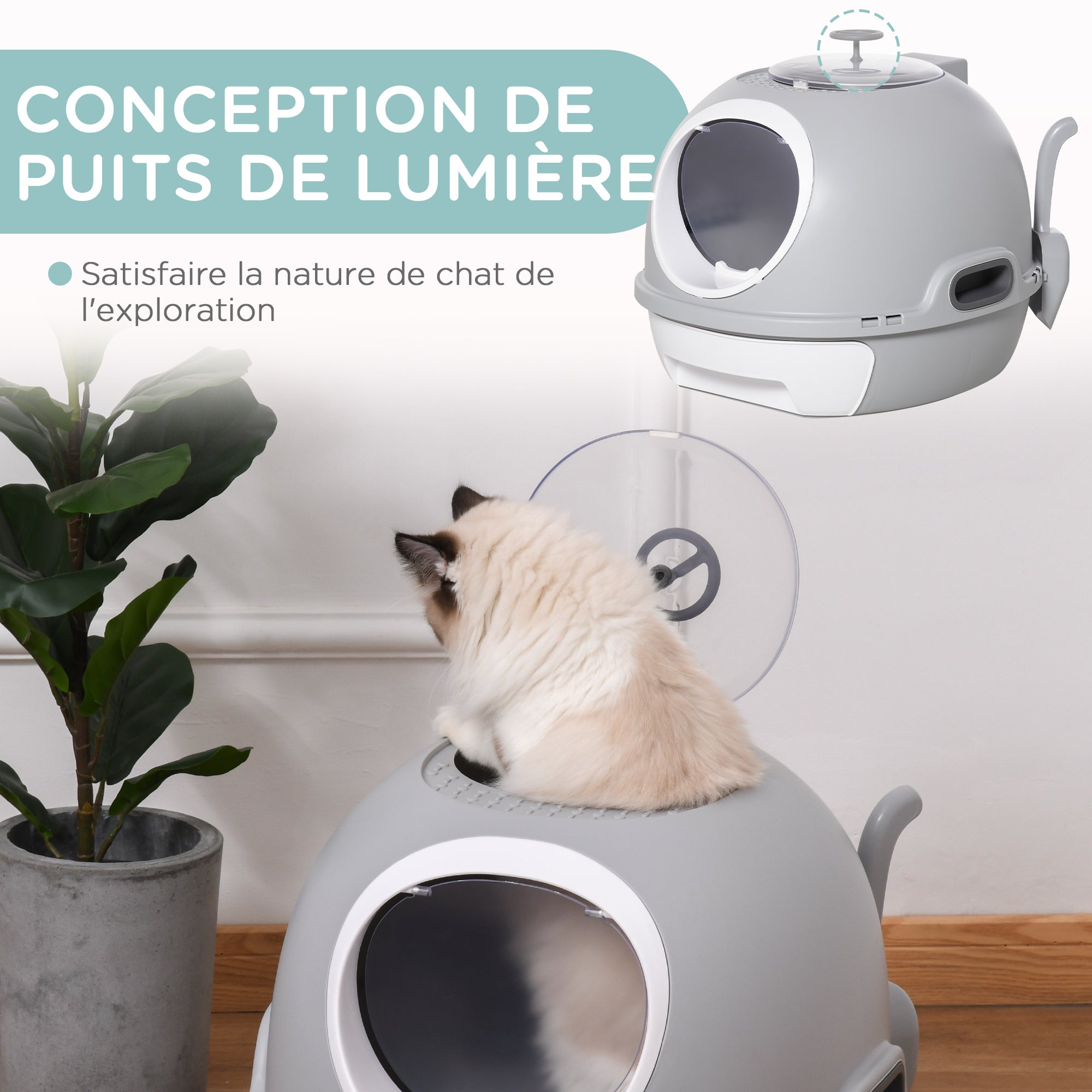 Cat Litter Box Portable Toilet House with Sliding Litter Drawer Swinging Door Skylight + Scoop Provided Dim. 47L x 55W x 44H cm Gray