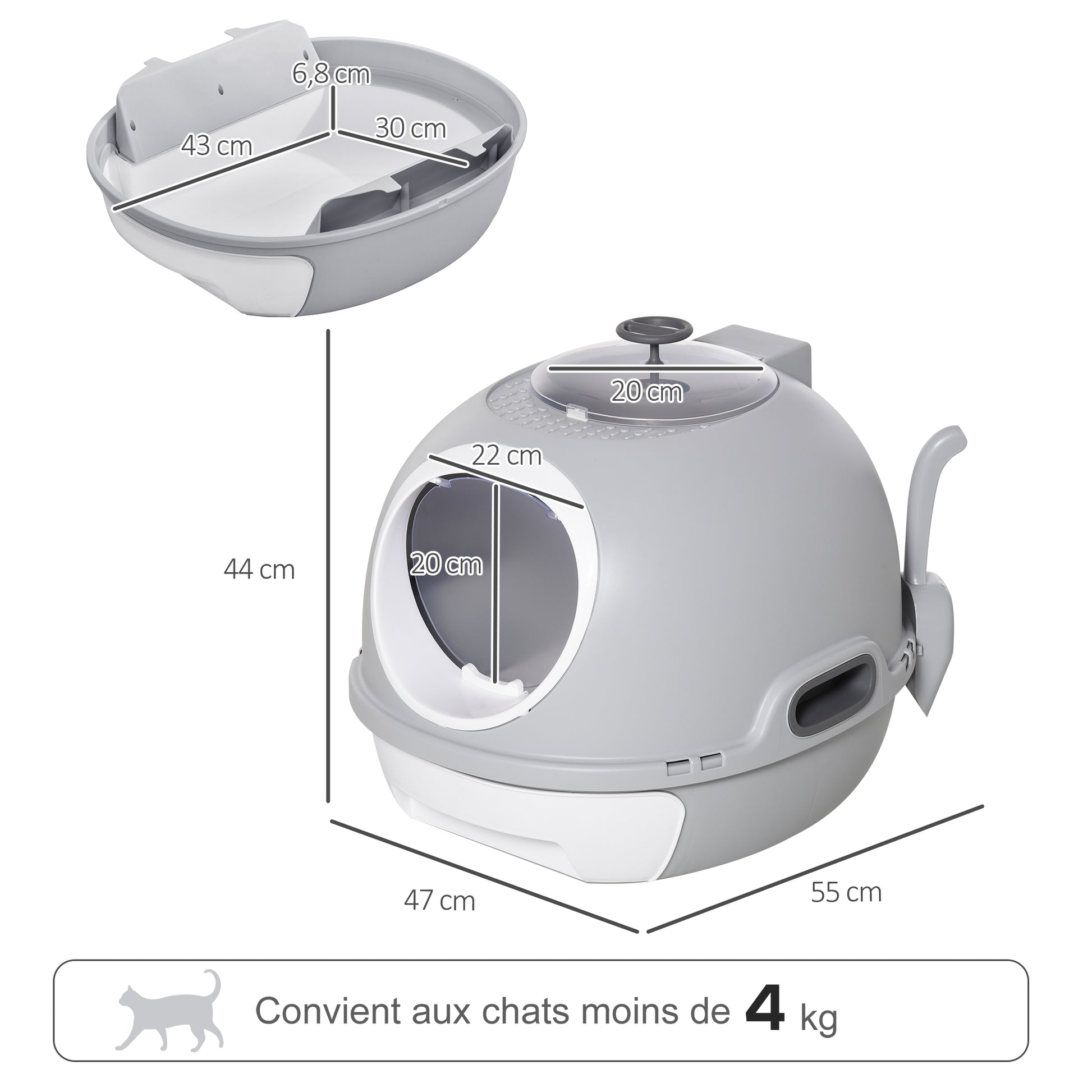 Cat Litter Box Portable Toilet House with Sliding Litter Drawer Swinging Door Skylight + Scoop Provided Dim. 47L x 55W x 44H cm Gray
