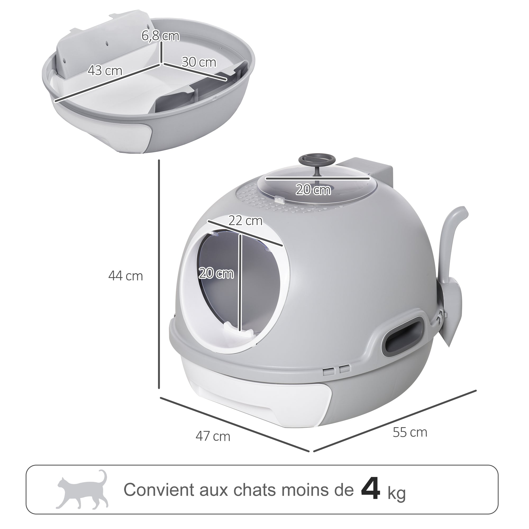 Cat Litter Box Portable Toilet House with Sliding Litter Drawer Swinging Door Skylight + Scoop Provided Dim. 47L x 55W x 44H cm Gray