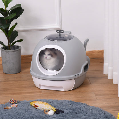 Cat Litter Box Portable Toilet House with Sliding Litter Drawer Swinging Door Skylight + Scoop Provided Dim. 47L x 55W x 44H cm Gray