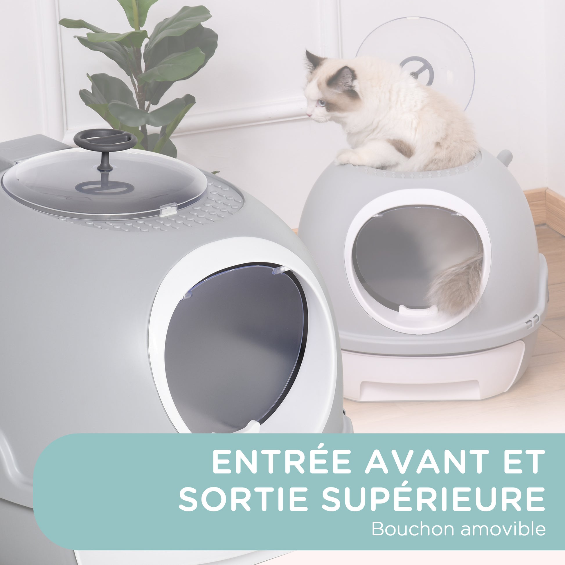 Cat Litter Box Portable Toilet House with Sliding Litter Drawer Swinging Door Skylight + Scoop Provided Dim. 47L x 55W x 44H cm Gray
