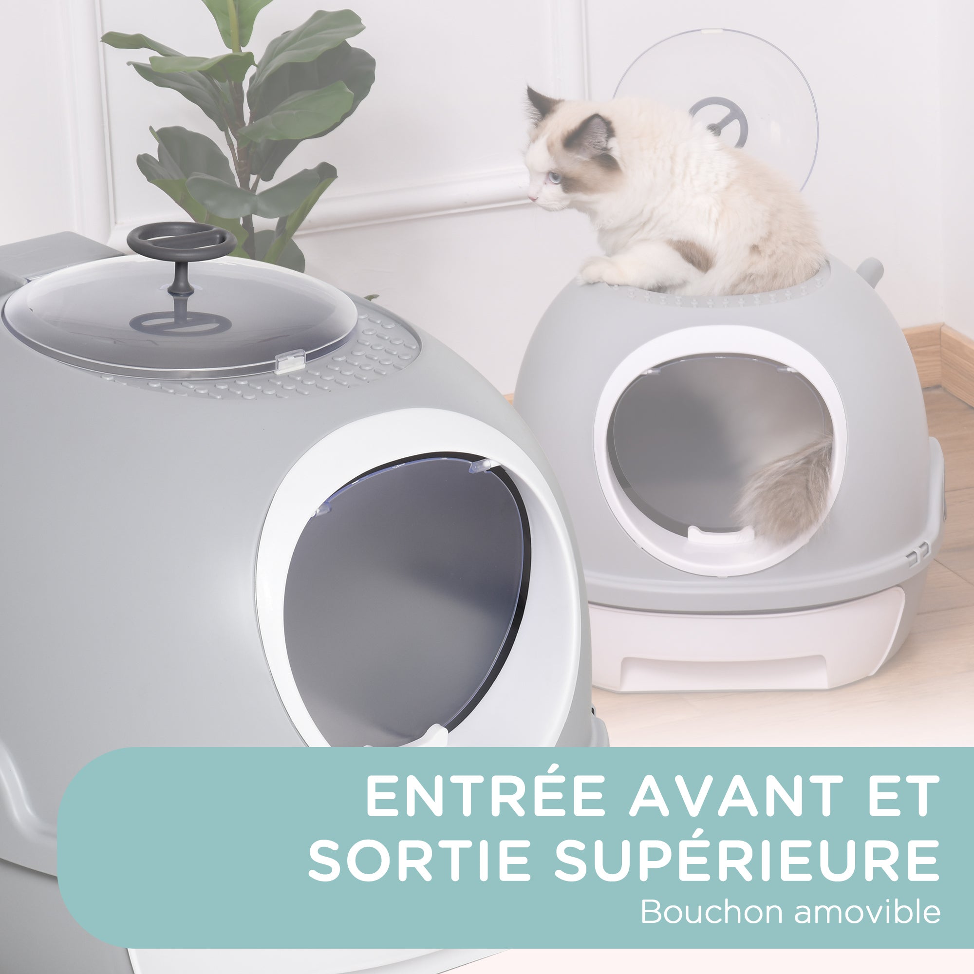 Cat Litter Box Portable Toilet House with Sliding Litter Drawer Swinging Door Skylight + Scoop Provided Dim. 47L x 55W x 44H cm Gray