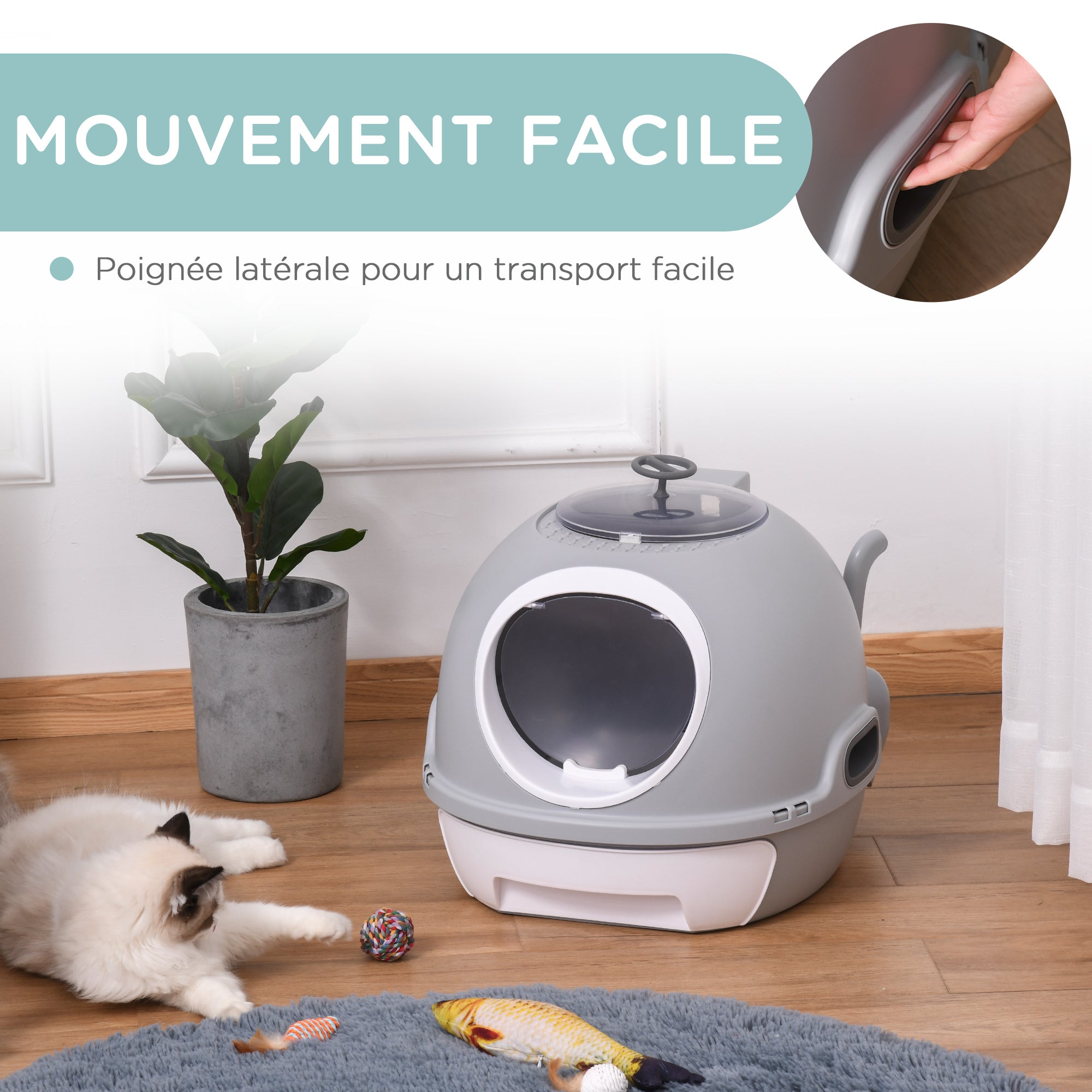 Cat Litter Box Portable Toilet House with Sliding Litter Drawer Swinging Door Skylight + Scoop Provided Dim. 47L x 55W x 44H cm Gray