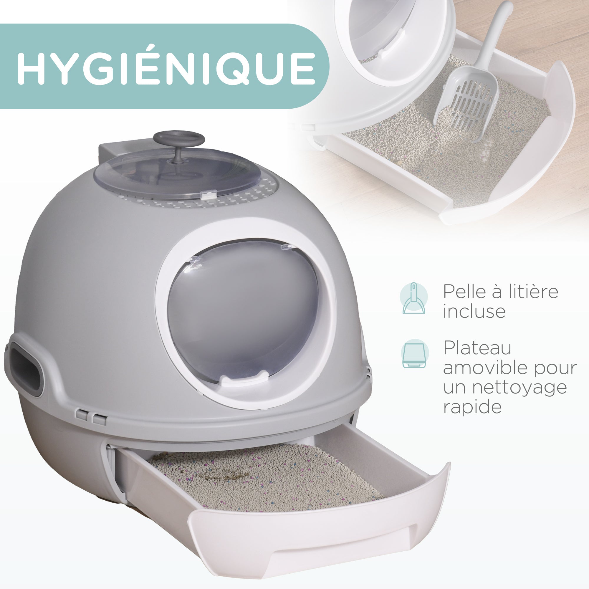 Cat Litter Box Portable Toilet House with Sliding Litter Drawer Swinging Door Skylight + Scoop Provided Dim. 47L x 55W x 44H cm Gray