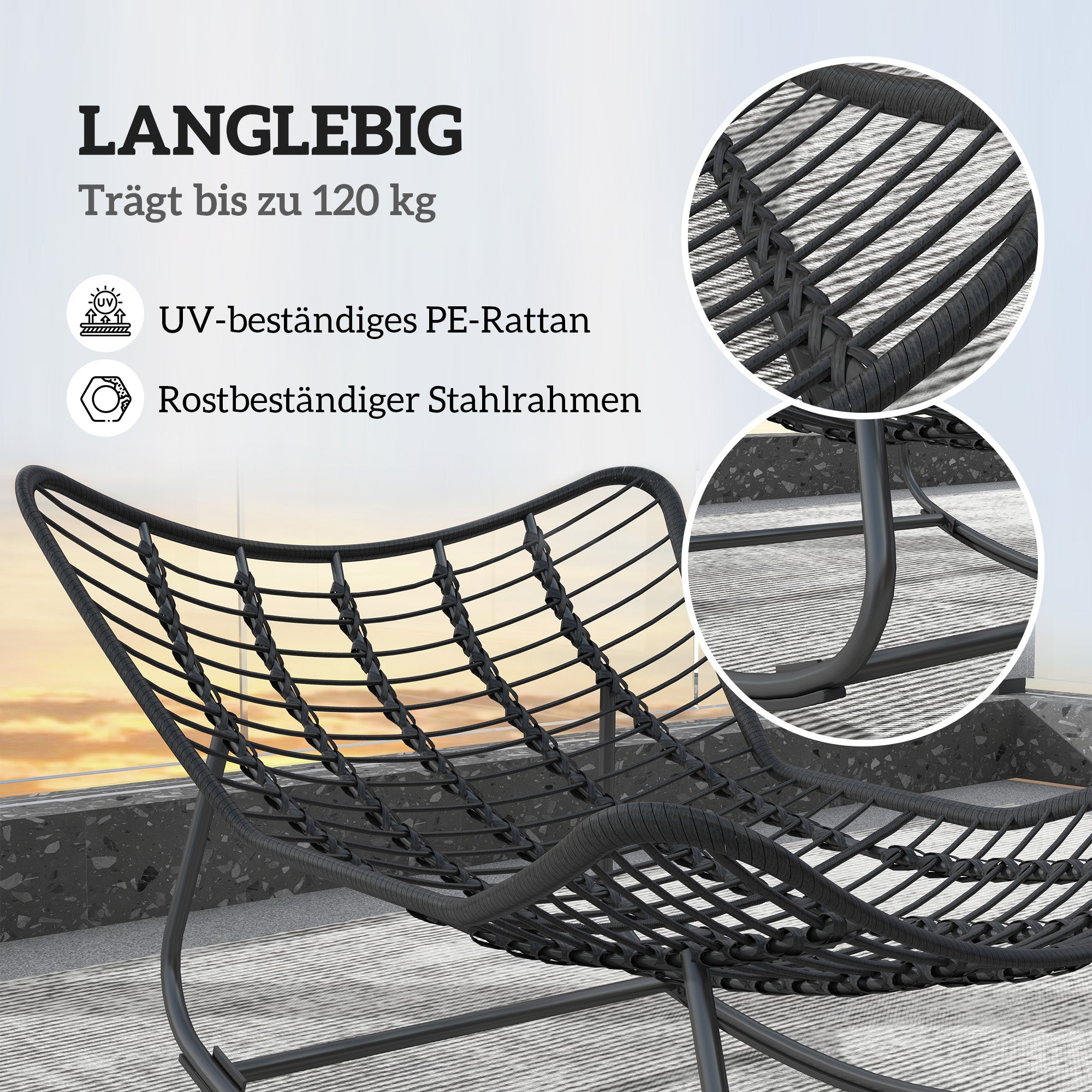 Rattan Swinging Chair Garden Bench with Steel Frame Cushion, Swinging Bench Garden Swing Outdoor Bench Seat Garden Furniture Park Bench for Garden Terrace Park 98 x 111 x 74 cm Gray