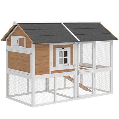 Chicken Coop with Run & Nest Box for 4 Hens, 200 x 104 x 145 cm Wooden Hen House with Removable Tray, Waterproof Asphalt Roof, Ramp, Brown
