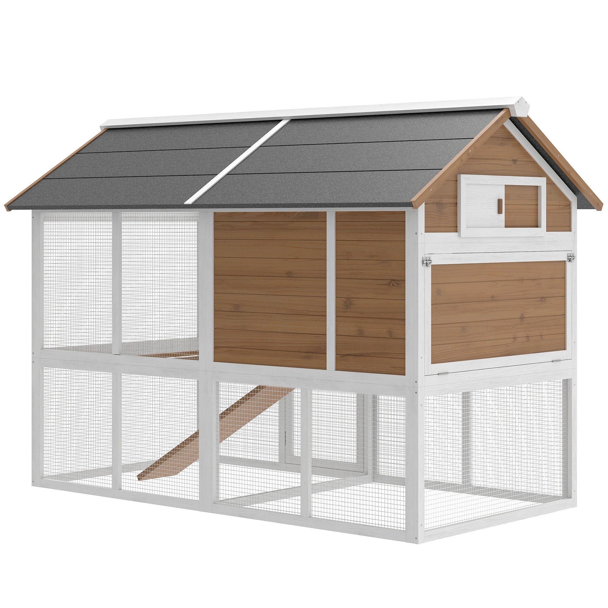 Chicken Coop with Run & Nest Box for 4 Hens, 200 x 104 x 145 cm Wooden Hen House with Removable Tray, Waterproof Asphalt Roof, Ramp, Brown