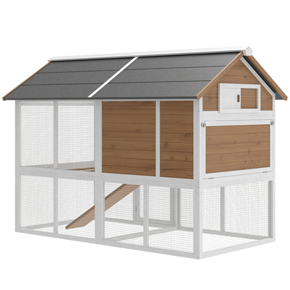 Chicken Coop with Run & Nest Box for 4 Hens, 200 x 104 x 145 cm Wooden Hen House with Removable Tray, Waterproof Asphalt Roof, Ramp, Brown