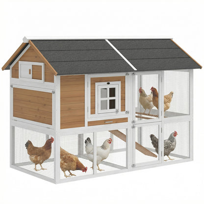 Chicken Coop with Run & Nest Box for 4 Hens, 200 x 104 x 145 cm Wooden Hen House with Removable Tray, Waterproof Asphalt Roof, Ramp, Brown