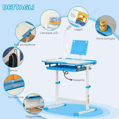School Desk with Chair for Kids 6-12 Years Adjustable Height, 45° Tilt Table, and LED Lamp, Steel and MDF, Blue