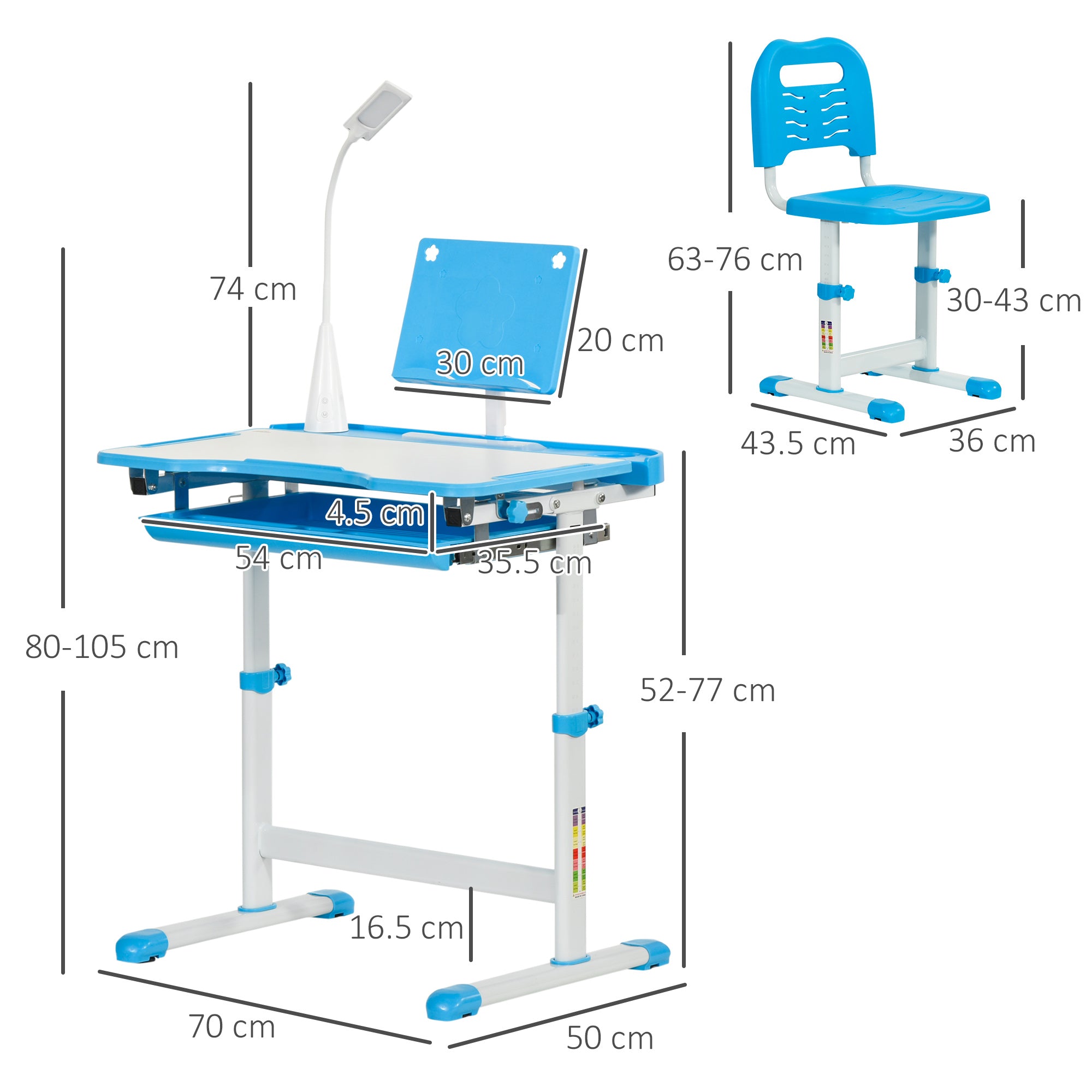 School Desk with Chair for Kids 6-12 Years Adjustable Height, 45° Tilt Table, and LED Lamp, Steel and MDF, Blue