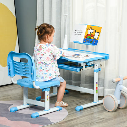 School Desk with Chair for Kids 6-12 Years Adjustable Height, 45° Tilt Table, and LED Lamp, Steel and MDF, Blue