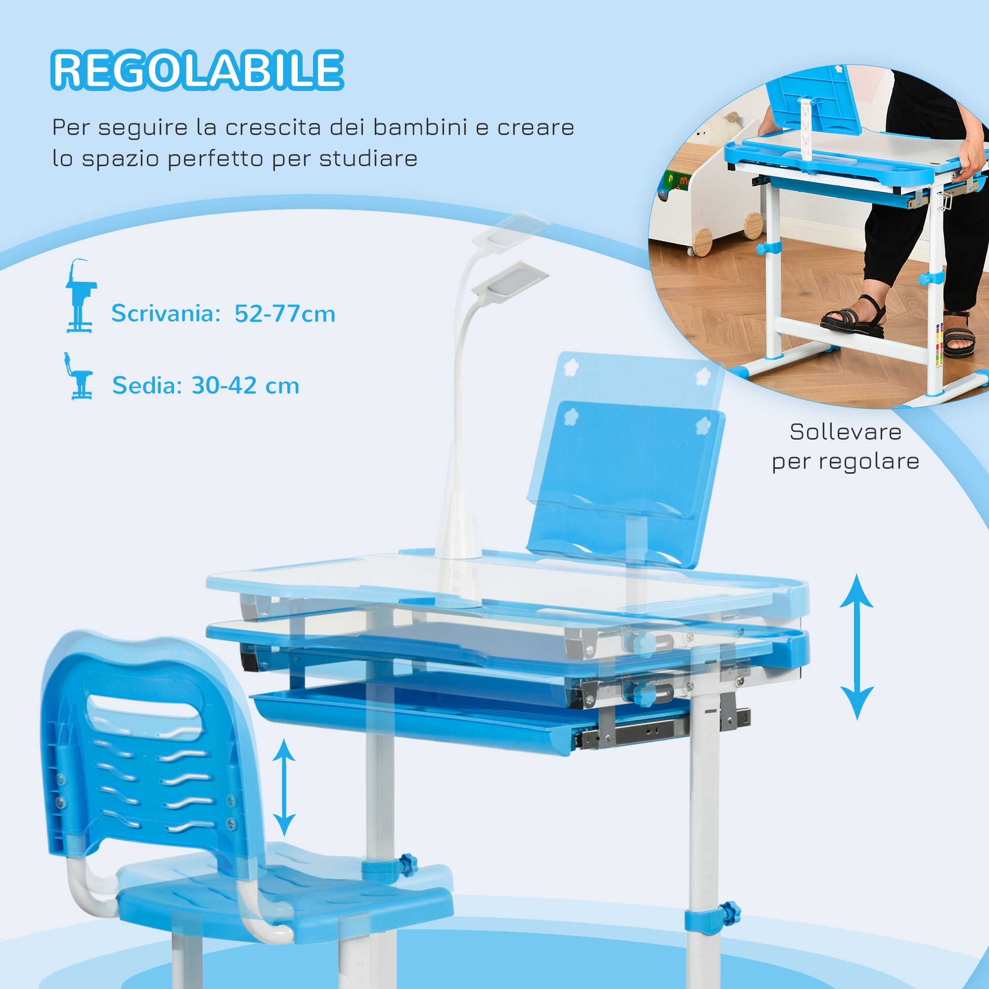 School Desk with Chair for Kids 6-12 Years Adjustable Height, 45° Tilt Table, and LED Lamp, Steel and MDF, Blue