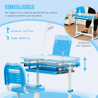 School Desk with Chair for Kids 6-12 Years Adjustable Height, 45° Tilt Table, and LED Lamp, Steel and MDF, Blue
