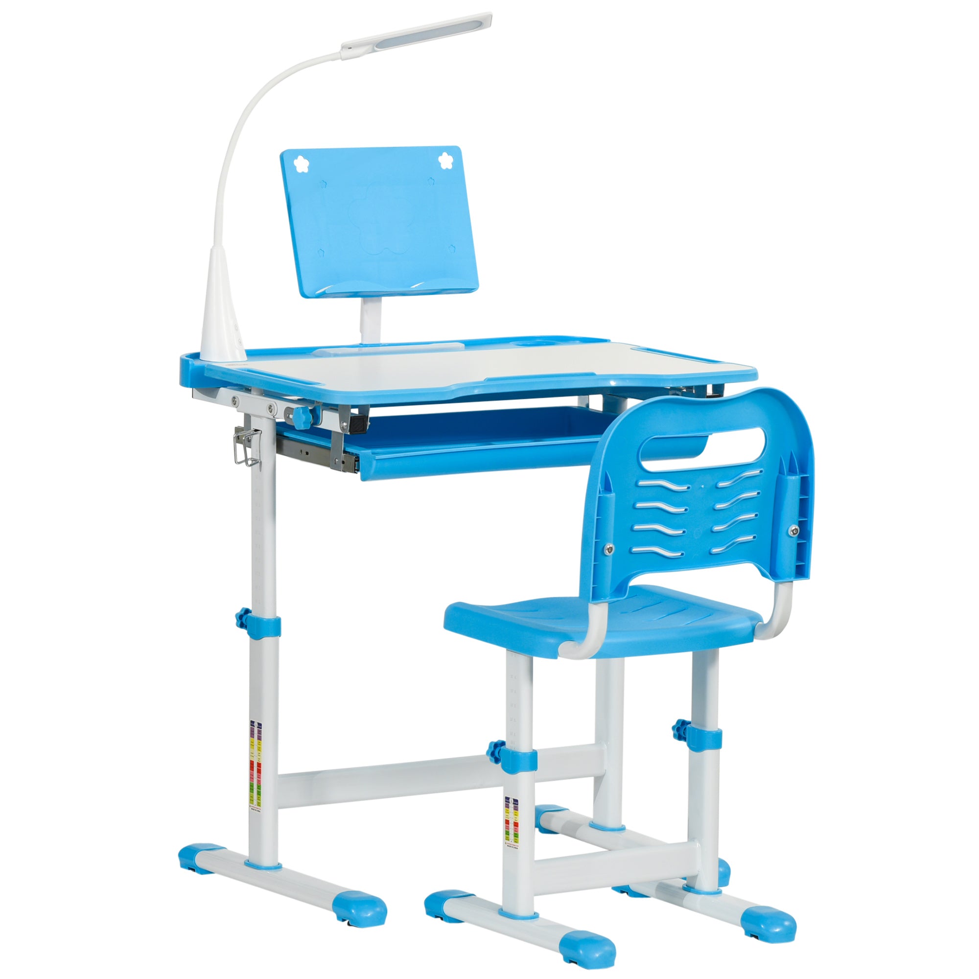School Desk with Chair for Kids 6-12 Years Adjustable Height, 45° Tilt Table, and LED Lamp, Steel and MDF, Blue