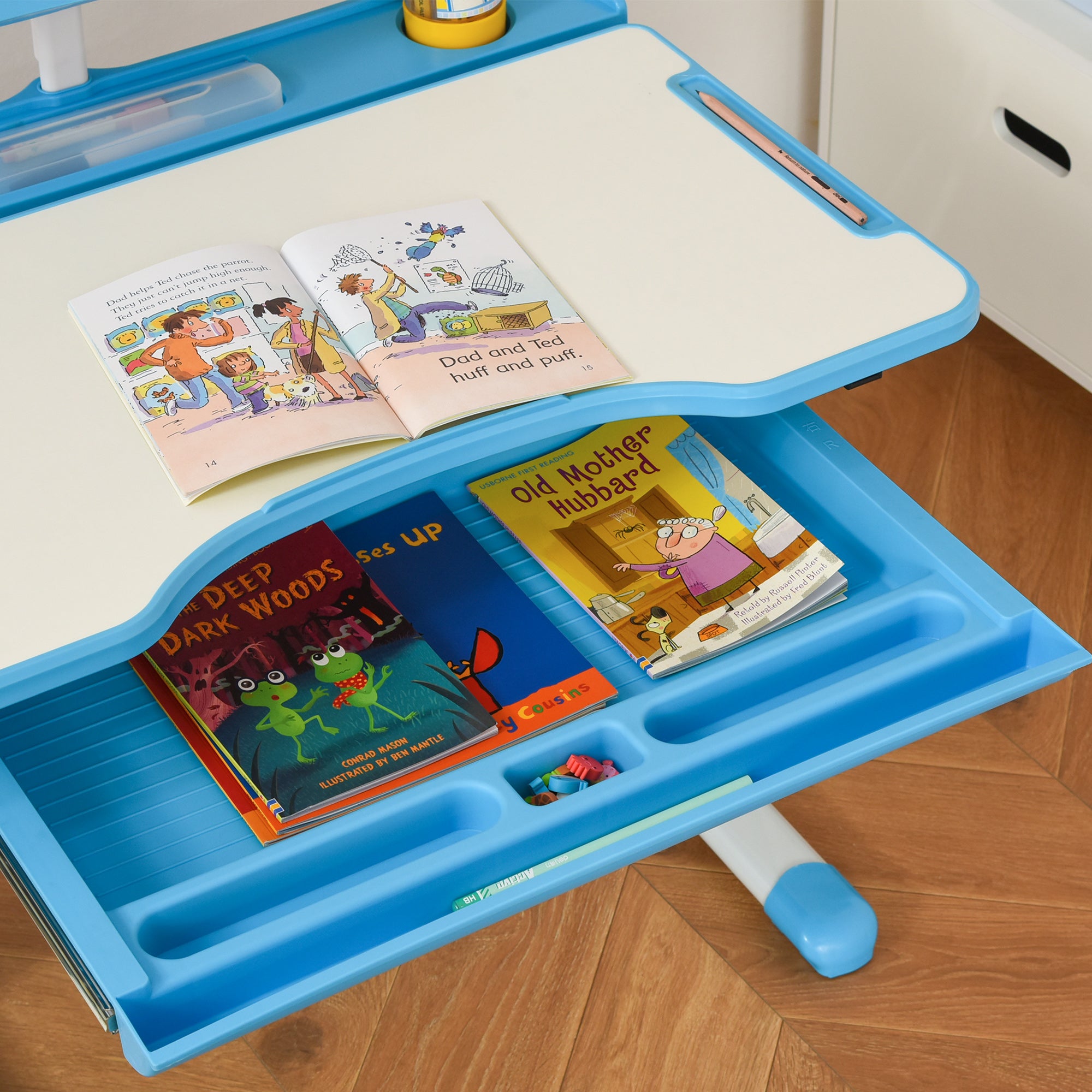 School Desk with Chair for Kids 6-12 Years Adjustable Height, 45° Tilt Table, and LED Lamp, Steel and MDF, Blue