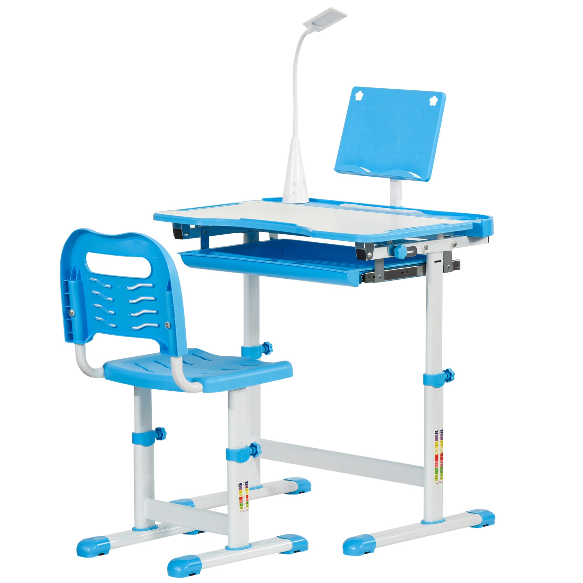 School Desk with Chair for Kids 6-12 Years Adjustable Height, 45° Tilt Table, and LED Lamp, Steel and MDF, Blue