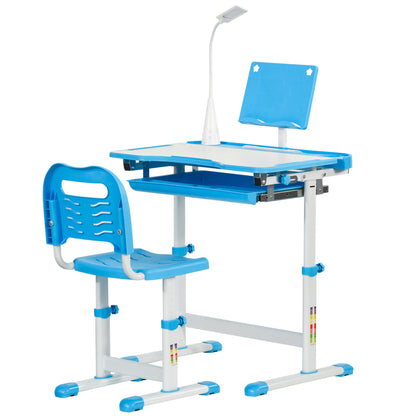 School Desk with Chair for Kids 6-12 Years Adjustable Height, 45° Tilt Table, and LED Lamp, Steel and MDF, Blue