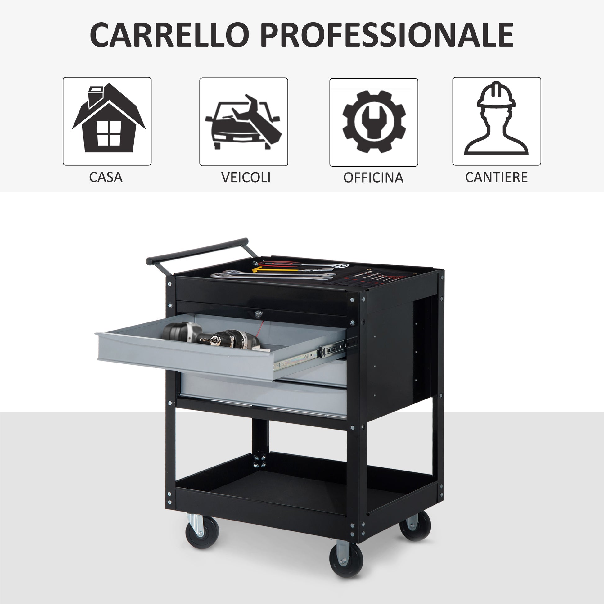 Professional Workshop Tool Trolley Tool Chest in Steel Sheet, Black, 68 x 46 x 88cm