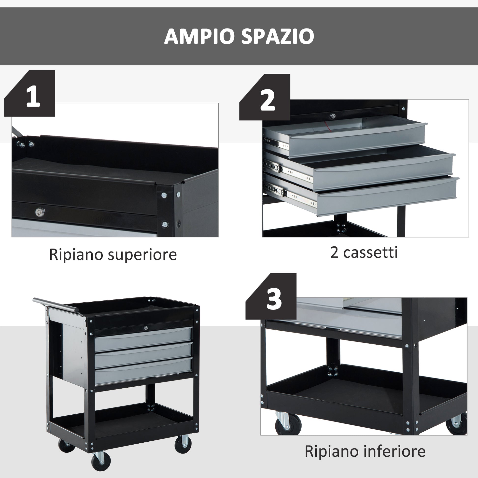 Professional Workshop Tool Trolley Tool Chest in Steel Sheet, Black, 68 x 46 x 88cm