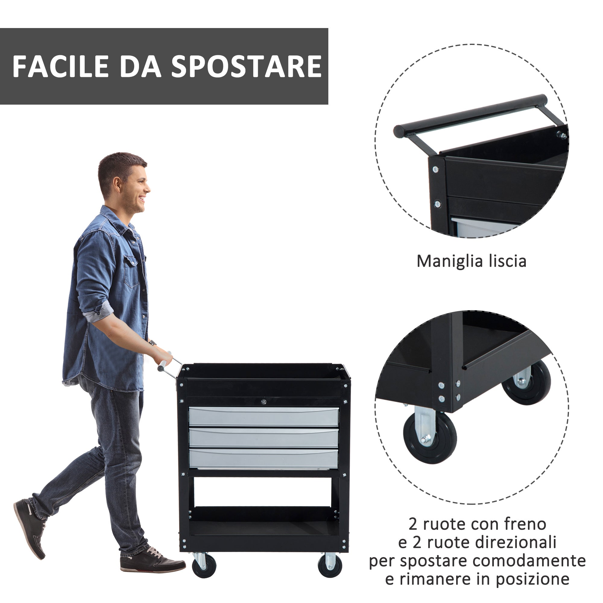 Professional Workshop Tool Trolley Tool Chest in Steel Sheet, Black, 68 x 46 x 88cm