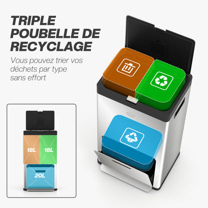 56L Kitchen Recycling Bin with Wheels, 3 Compartments, Soft Close, Wide Pedal, Fingerprints & Odor Resistant Silver
