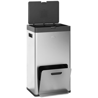 56L Kitchen Recycling Bin with Wheels, 3 Compartments, Soft Close, Wide Pedal, Fingerprints & Odor Resistant Silver