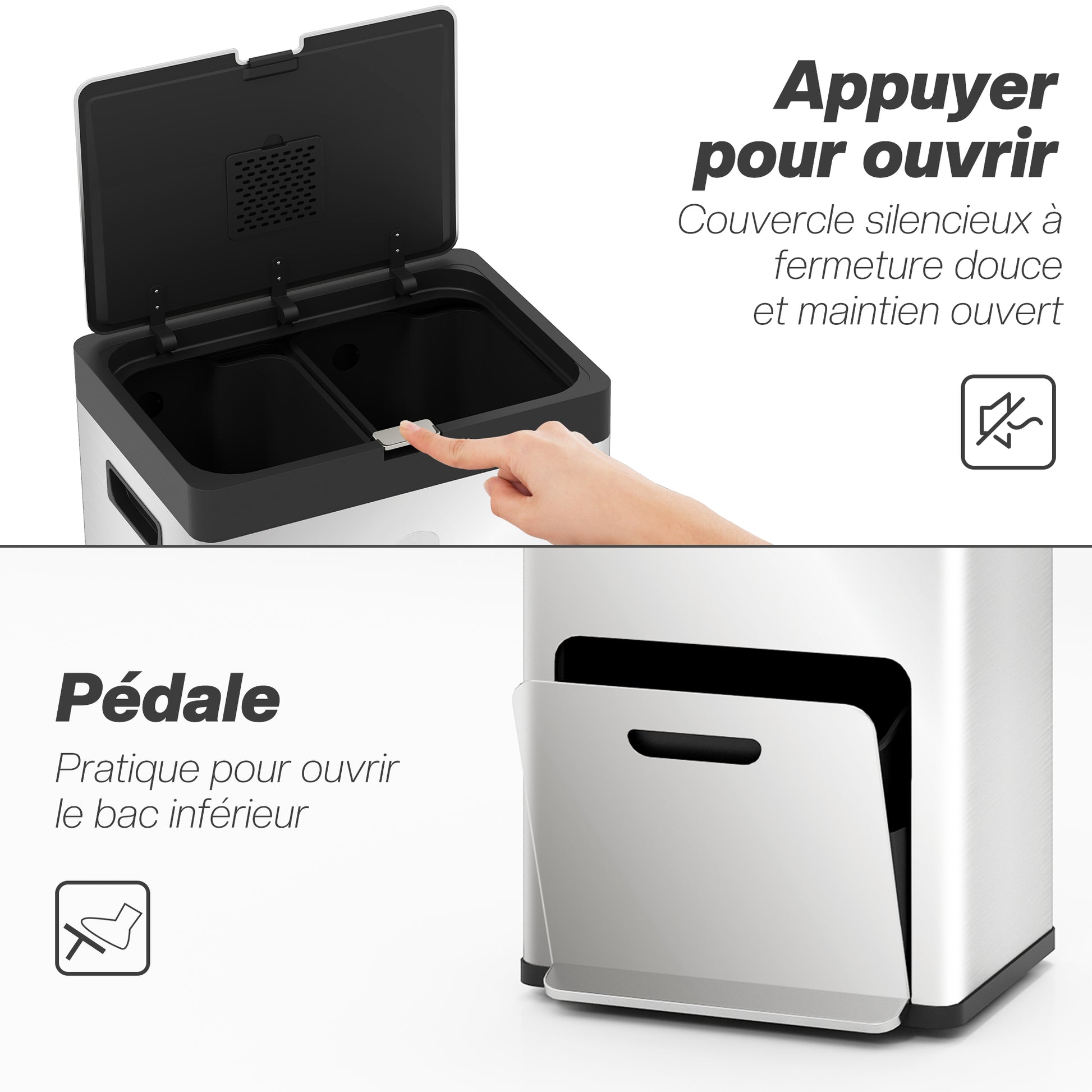 56L Kitchen Recycling Bin with Wheels, 3 Compartments, Soft Close, Wide Pedal, Fingerprints & Odor Resistant Silver
