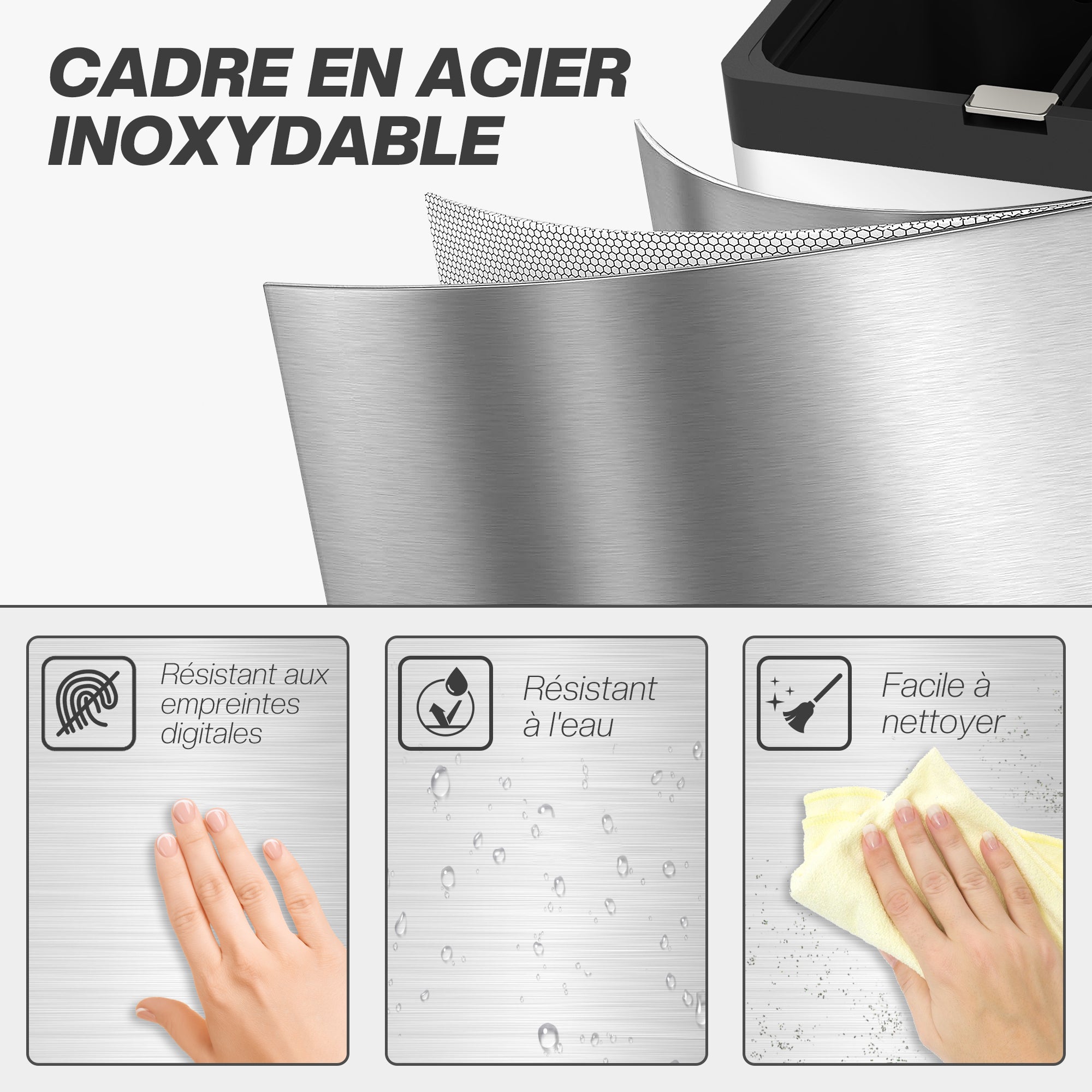 56L Kitchen Recycling Bin with Wheels, 3 Compartments, Soft Close, Wide Pedal, Fingerprints & Odor Resistant Silver
