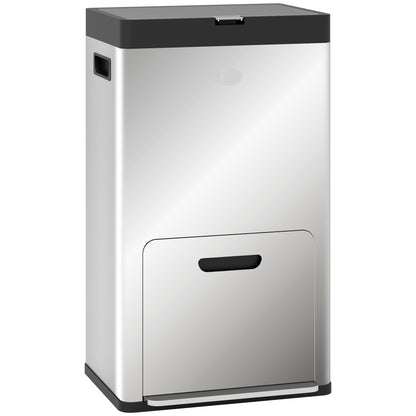 56L Kitchen Recycling Bin with Wheels, 3 Compartments, Soft Close, Wide Pedal, Fingerprints & Odor Resistant Silver