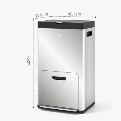 56L Kitchen Recycling Bin with Wheels, 3 Compartments, Soft Close, Wide Pedal, Fingerprints & Odor Resistant Silver