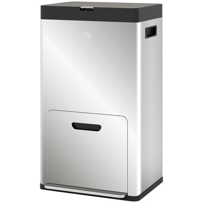 56L Kitchen Recycling Bin with Wheels, 3 Compartments, Soft Close, Wide Pedal, Fingerprints & Odor Resistant Silver