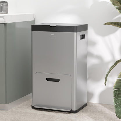 56L Kitchen Recycling Bin with Wheels, 3 Compartments, Soft Close, Wide Pedal, Fingerprints & Odor Resistant Silver
