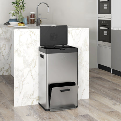 56L Kitchen Recycling Bin with Wheels, 3 Compartments, Soft Close, Wide Pedal, Fingerprints & Odor Resistant Silver