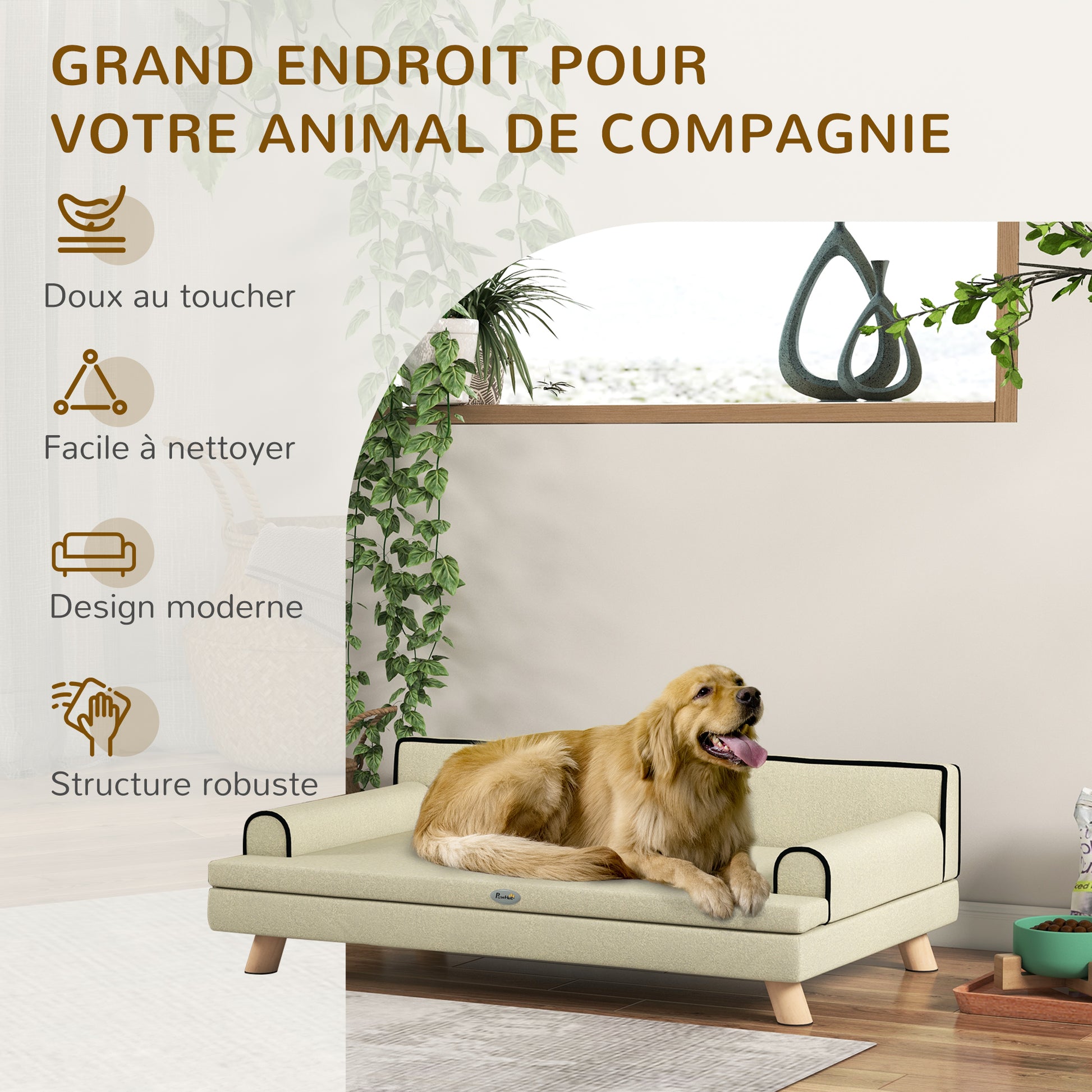 Scandinavian Design Sofa Bed for Dogs and Cats with Fluffy Removable Cushion Solid Wood Legs 100 x 62 x 32 cm Beige