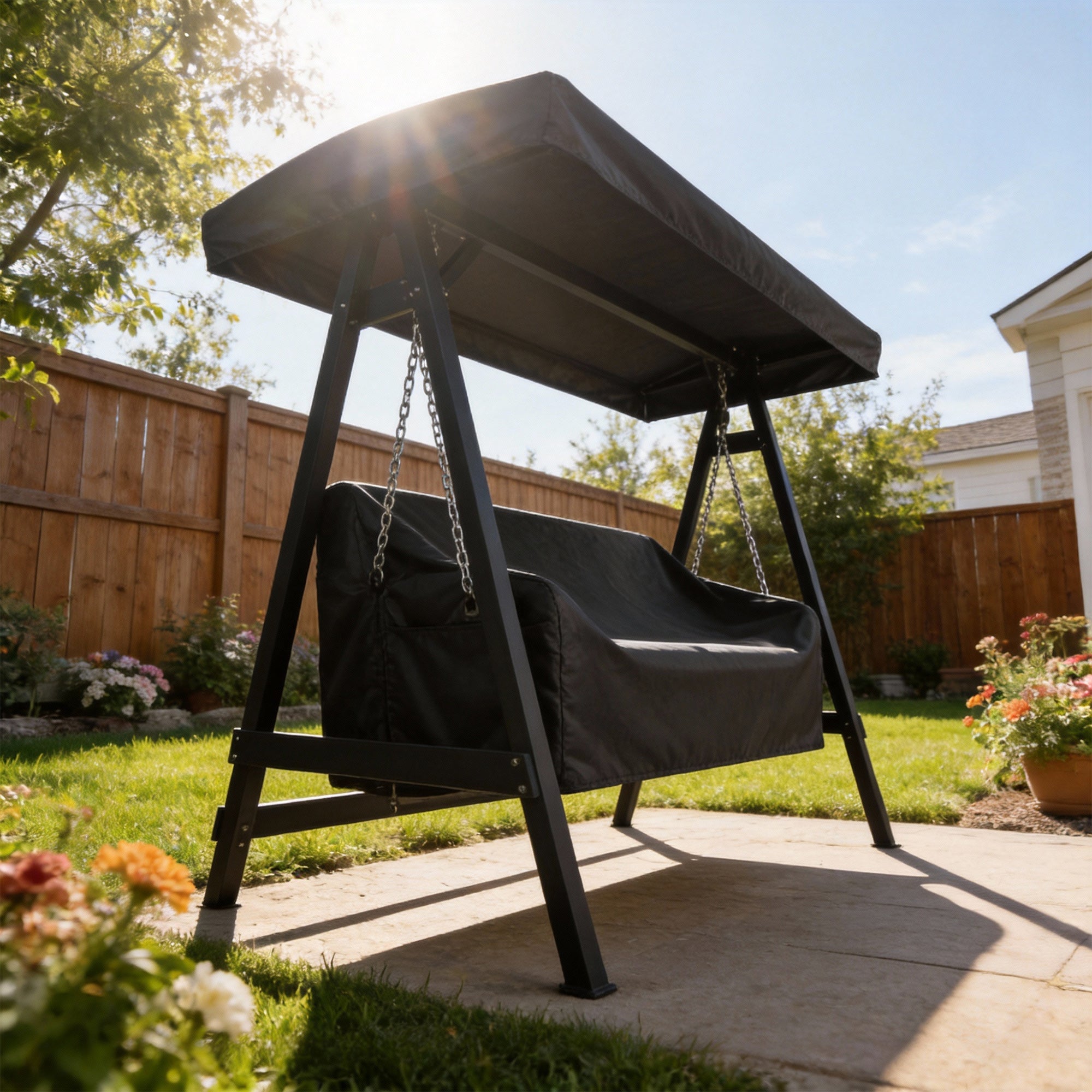 3-Seater Swing Cover — Waterproof, Windproof & UV-Resistant, PU-Coated Oxford, 185 x 76 x 81 cm (73" x 30" x 32") — Black