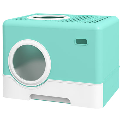 Cat Litter Box Pet Toilet with Scoop Removable Tray 2 Doors Main Entrance and Top Exit 52x41x38.5 cm Green